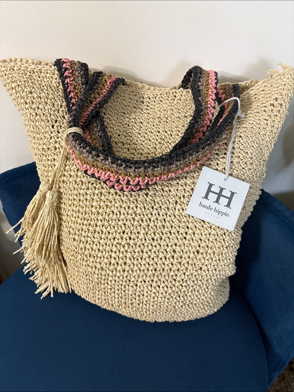 Haute Hippie Natural Straw Tote with Pink & Gray Trim